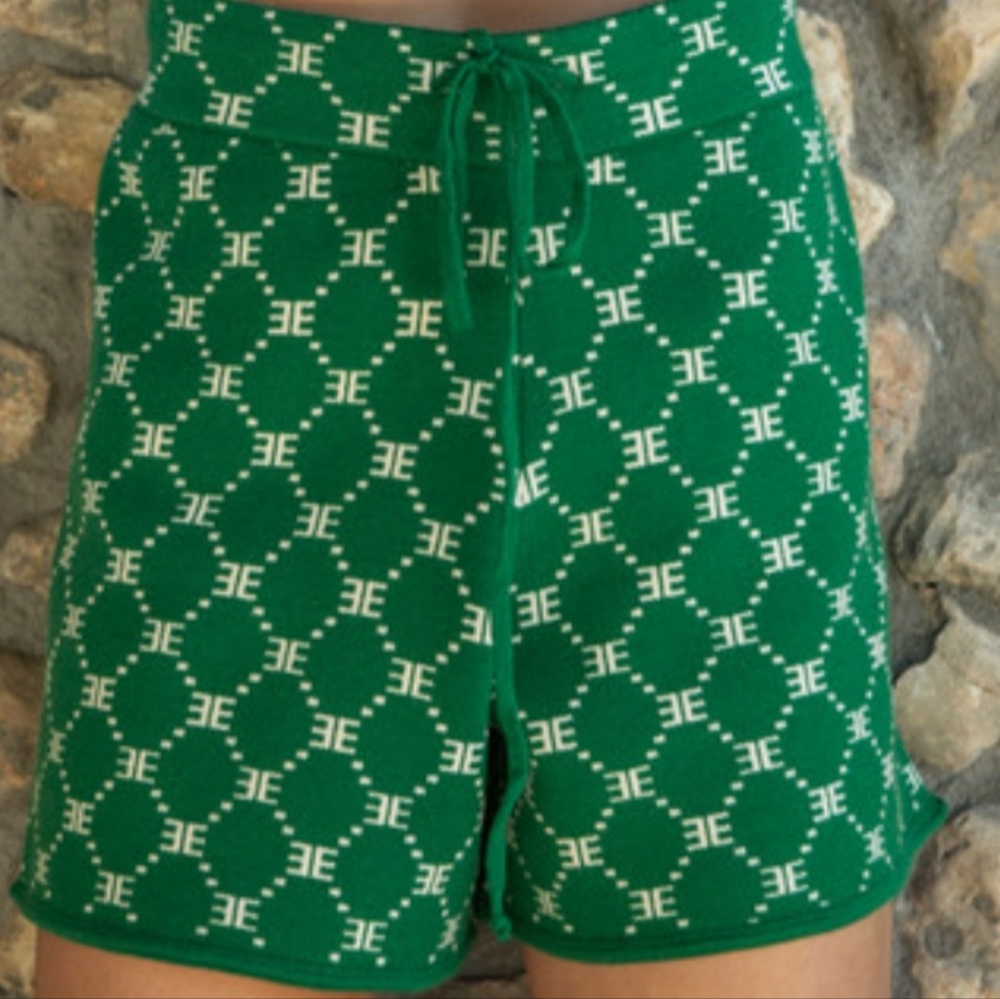 Ellandemm Monogram Green Drawstring Shorts Faux Leather Panel Back Pockets  XS